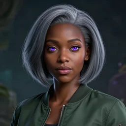black woman, hairstyle = short bob, hair colour = grey, eyes = purple, wearing dark green bomber jacket, realistic 4 k octane beautifully detailed render, 4 k post - processing, highly detailed, intricate complexity, epic composition, magical atmosphere, cinematic lighting, masterpiece, ultra hd