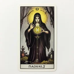 a tarot card of an evil dark beautiful gypsy of the endtimes, performing a dark summoning spell, casting a spell, thick ornate golden border on edge, by brian froud, strong line, night color, high contrast