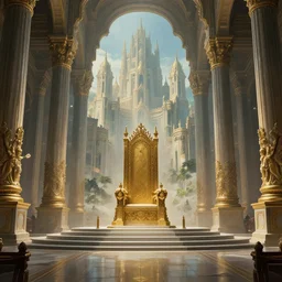 gigantic palace Throne room, adorned pillars, towers, landscape, alex ross, neal Adams, david finch, concept art, matte painting, highly detailed, rule of thirds, dynamic lighting, cinematic, detailed, denoised, centerd