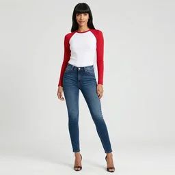 dreamworks doloris madrigal using tight red - sleeved white raglan with tight blue jeans and cool shoes, silky long black hair with bangs