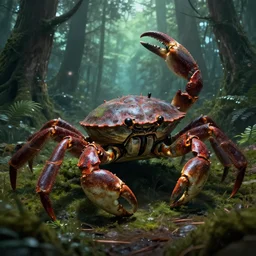 a huge cyberpunk crab in the Forest, Concept art, digital art, well detailed, trending on artstation, by Stephen king, 8k, Lovecraft