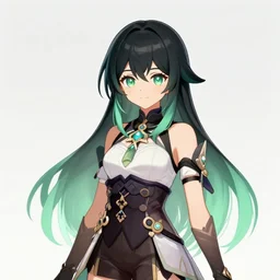 character sheet for a beautiful and cute girl for genshin impact by greg rutkowski, black to light green fade hair, genshin impact style, sorcerer magic witch, by studio ghibli, digital art, trending on artstation, hd, 8 k, highly detailed, good lighting, beautiful, masterpiece