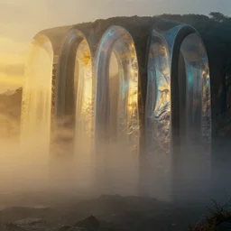 7 0 mm photograph of colloid atmospherics and mesoglea - translucent layers ambiently occluding and striating, forming a detailed caustic holographic recreation of the arches from roger dean's paintings, emerging from the mist, dramatic lighting, golden hour, cinematic, 8 k