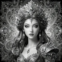 wonderful princess of fractals, beautiful face, hyper detailed, flowing background intricate and detailed, ornate 8 k gorgeous intricate detailed, octane render,, black and white