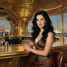 beautiful woman with long wavy curly black hair and green eyes, wearing a cocktail dress, talking to the viewer. she is in the bar of the atlantis paradise, a retro futuristic spaceship made of brass bronze gold, art deco influence, hotel style design. bioshock, starship titanic. clean, well composed painting by artgerm and greg rutkowski.