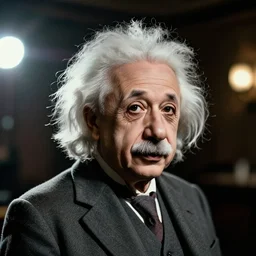 Photo portrait of Albert Einstein in 2022, splash art, movie still, cinematic lighting, dramatic, octane render, long lens, shallow depth of field, bokeh, anamorphic lens flare, 8k, hyper detailed, 35mm film grain