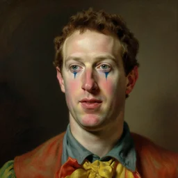 detailed portrait of mark zuckerberg as a clown by william - adolphe bouguereau, elizabeth jane gardner, alexandre cabanel, jean auguste dominique ingres, tony robert - fleury, john william waterhouse, francois - edouard picot, gustave courbet