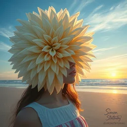 closeup girl with huge dahlia flower head, on beach, surreal photography, blue sky, sunrise, dramatic light, impressionist painting, digital painting, artstation, simon stalenhag