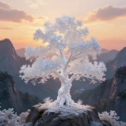 an enchanted white shimmering iridescent tree in the middle of a stunning fantasy mountain landscape during sunset, golden hour, soft illumination, by daniel conway, daniel jean - baptiste and andreas rocha, highly detailed, fantasy, concept art, trending on artstation, beautiful digital art