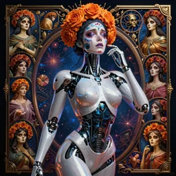 awakening, beautiful crying cyborg woman. ethereal, octane render, elegant, fantasy, blade runner, pose, photorealistic, cover shot, interstellar, intricate detailed environment. ( el dia los muertos ), 8 k, hd. by terry o'neill and artgerm and greg rutkowski and alphonse mucha and loish and wlop