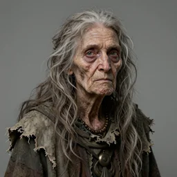 very old woman crone with long scraggly hair, wearing torn rags, character concept art, intricate details, highly detailed photorealistic portrait in the style of adam hughes, seseon yoon, artgerm and warren louw