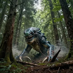 A realistic photo of a forest with a kraken coming out of the ground and destroying the trees