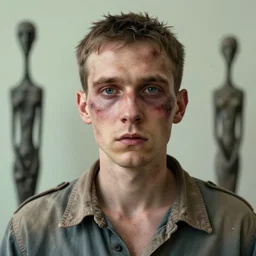 a starved soviet prisoner with ( ( terror in his eyes ) ), slightly scarred and pitted, hyperrealistic, beautiful, detailed portrait, intricate complexity, by conrad roset and jean dubuffet and daniel johnston and giacometti, ( muted pastel colors ), 4 k, beautiful, cinematic dramatic atmosphere, very realistic, ( ( ( soft focus ) ) )