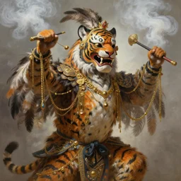 masterful fantastic realist painting an exotic ancient feathered and bejeweled bird wearing an exquisitely painted bugaku mask of a tiger, gold chains strung like tinsel, digital painting trending on artstation, viciously blinded, swinging holy censors with thick smoke, volumetric lighting and mist, bugaku tiger cosplay, 3 / 4 portrait painting, hyperrealistic, octane