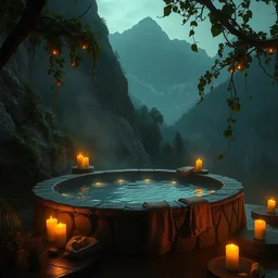 painting of cozy fantastical hot spring in the mountains with candles natural light lush vines flowers fruits towels by greg rutkowski artgerm ross tran, volumetric lighting fantasy dark atmospheric cinematic lighting, trending on artstation