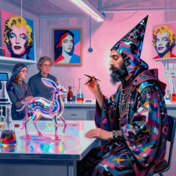 a masterpiece painting in the laboratory of a technomancer wizard, in dazzle camouflaged robes, pointed hoods, he discusses sentience with his al djinn by remedios varo and anato finnstark and greg rutkowski and andy warhol and francis picabia. dayglo pink blue, prismatic, pearlescent, raven black, glowing, hyperrealism, trending on artstation