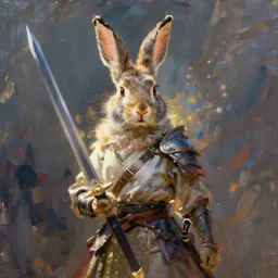 rabbit - warrior swordman, brush strokes, oil painting