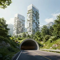 denis villeneuve establishing shot of modern bjarke ingels condo building and gotthard tunnel entrance combined, roads tunnel under bjarke ingels condo building, lush environment, ray traced lighting, scifi artstation digital concept art, unreal engine, hyper realism, realistic shading, cinematic composition, blender render, octane render, wide shot