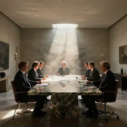 a interior design of a home by frank lloyd wright, but a large obsidian table with business men sitting around it, illuminati, ominous, sun beam, dust illuminated by sun beam, craig mullins