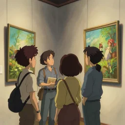 a wholesome animation key shot of four artists gathered to look at one painting on the gallery wall, medium shot, waist up, studio ghibli, pixar and disney animation, sharp, rendered in unreal engine 5, anime key art by greg rutkowski, bloom, dramatic lighting