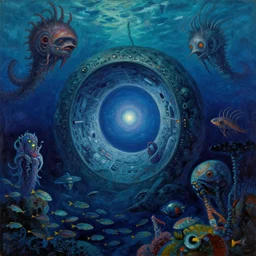 intergalactic stargate portal in the middle of a deep ocean, with strange sea creatures swimming around it and a school of fish in the foreground by sonia delaunay and zdzislaw beksinski, style of cosmic horror