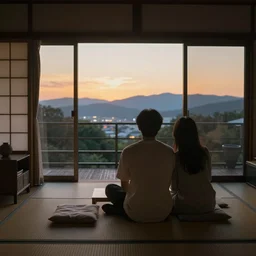 a cozy room in Japan with the sunset through the windows and a couple watching the sunset together