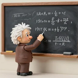 claymation miniature scene of albert einstein standing in front of miniature blackboard writing lots of mathematical formulas with chalk, anatomically correct, hands retouched