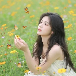 a photograph of a young woman in a field of flowers, with a lot of butterflies flying around her