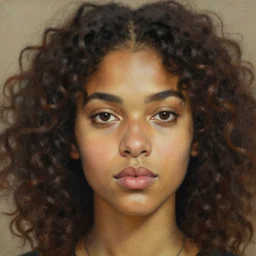 close up portrait painting of a young woman with curly hair, by kehinde wiley