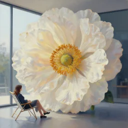closeup, massive flower head, woman sitting on lounge chair by a modern window, surreal photography, studio light, impressionist painting, digital painting, artstation, simon stalenhag