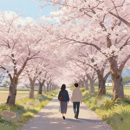 walking around hida - furukawa and kamioka, gifu, japan. volumetric lighting, spring early morning, late afternoon, cherry blossom trees, nice weather, few clouds, realistic illustration, perfectly shaded, soft painting, art by krenz cushart and wenjun lin