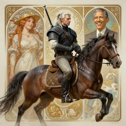 geralt the witcher 3 riding a horse with obama president d & d fantasy intricate elegant highly detailed digital painting artstation concept art matte sharp focus illustration hearthstone art by artgerm art by greg rutkowski art by alphonse mucha