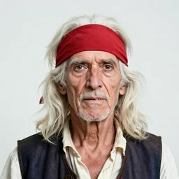 photo portrait of an old rugged white hair skinny crooked teeth caribbean pirate with a red headband, a vest and one eyepatch white dreaded hair, long beard, crooked teeth, rugged and dirty, cinematic lighting at sundawn, movie color grading
