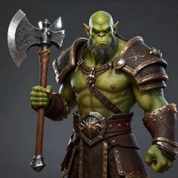 a portrait of an orc warrior holding a metal battle axe with an intricate wooden carved hilt, in the style of riot games arcane