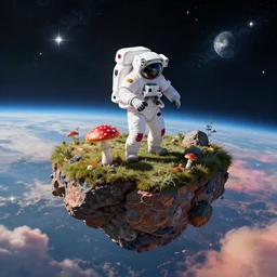 a flying island in space, an astronaut standing on the island ramming a fly agaric in the ground, stars and planet earth in the background surrounded by colorful clouds, flying island is a giant rock