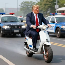 donald trump riding a big wheels scooter riding away from chasing police cars