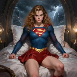 Hermione Granger as Super Girl, taking a rest in futuristic bedroom, a ruggedly muscled handsome heroine, intricate, elegant, highly detailed, centered, digital painting, artstation, concept art, smooth, sharp focus, illustration, artgerm, donato giancola, Joseph Christian Leyendecker, WLOP, Artgerm, thunder storm