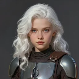 portrait of a woman by greg rutkowski, mixture between russian and british, cute, white wavy hair, she is about 2 0 years old, attractive, wearing a mandalorian gear, star wars expanded universe, highly detailed portrait, digital painting, artstation, concept art, smooth, sharp foccus ilustration, artstation hq