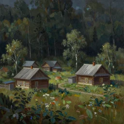 A beautiful painting of russian village in dark forest by greg rutkowski, trending on artstation,matte painting