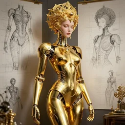 blueprints for an absurdly beautiful, graceful, sophisticated, fashionable futuristic female golden robot, hyperdetailed illustration by irakli nadar and alexandre ferra, intricate linework, faberge, intricate gold headdress, dark atmosphere, unreal engine 5 highly rendered, global illumination, radiant light, detailed and intricate environment