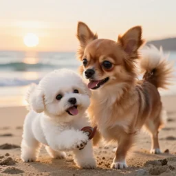 a photorealistic closeup image of a cute brown colored long haired chihuahua cocker spaniel dog playing with a happy white bichon frise puppy on the beach. sunset, surf. brightly lit. extreme detail. 4 k hd unreal engine