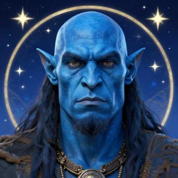 centralized head - on character portrait, blue - skin handsome orc shaman, stars and night background, alphonse mucha, rhads, ross tran, artstation, artgerm, octane render, 1 6 k