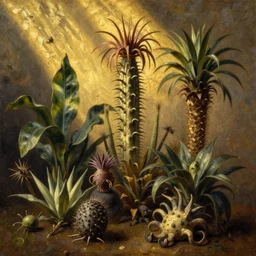 still life painting of exotic alien plants by pieter claesz, oil on canvas, strong lighting, highly detailed, hyper realism, golden hour, god rays, hd, 4 k