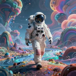 a futuristic astronaut walking on an alien psychedelic planet with strange colorful clouds and rivers and mountains, 8 k