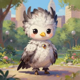 a cute chibi harpy completely covered in feathers and wearing a full outfit made of feathers is standing in anime scenery central park new york. trending on pixiv. trending on artstation. a vibrant digital oil painting. a highly detailed drawing of a character portrait by terese nielsen and edvard gurney guay