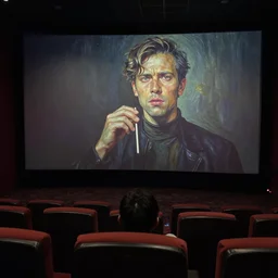 cinema projected on a cinema screen in a cinema, cinematic, oil painting, ultra realistic, dark colors,
