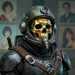 portrait of a dead cyberpunk space pirate in concept armor with golden cyborg skull in a futuristic prototype oxygen intake helmet by Abigail Larson + Alan Lee + Audrey Kawasaki + Giovanni-Piranesi + Winsor-McCay + Howard-Pyle, headshot, 8k vhs glitch, cinematic, sharp focus, smooth, sense of awe