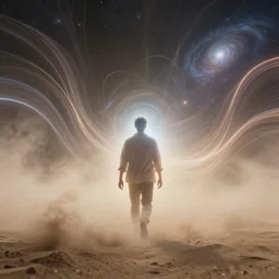 a human emitting an aura walking through a dust storm while normal and exponential curves from the universe flow through them, digital art, trending on art station, many smooth curves, inspiring, high resolution