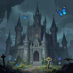 stylized digital illustration of a subterranean magic castle surrounded by a mote, by john berkey, magic the gathering art, artifacted, butterfly's, close up, dynamic key lighting, breezy, dreamy, volumetric lighting, ethereal, alphonse mucha, stephen bliss, loish, rhads, ferdinand knab
