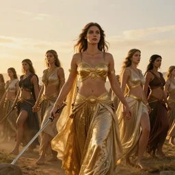 the goddesses fraya going to war with her army, golden hour, 8 k uhd, high detail, awe - inspiring.